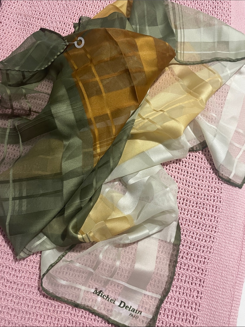 Michel Delain Paris Sheer Plaid Silk Scarf in Olive & Mustard